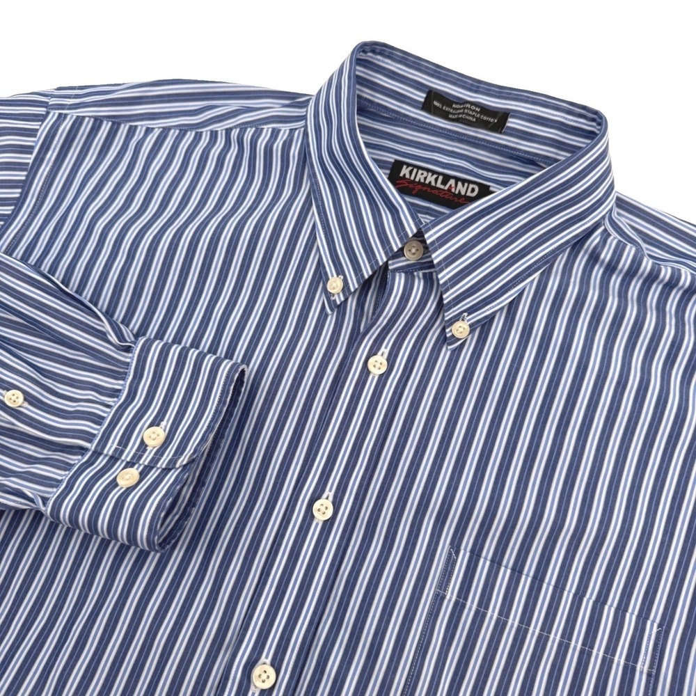 Kirkland Signature Shirt Mens 18-35 Blue Striped Non-Iron Cotton Pocket Workwear
